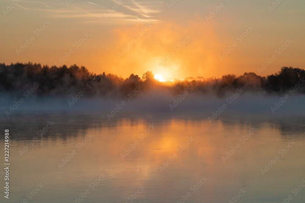 A colorful September sunrise on the Oka River. Surroundings of Murom. Vladimir region, Russia A colorful September sunrise on the Oka River. Surroundings of Murom. Vladimir region, Russia