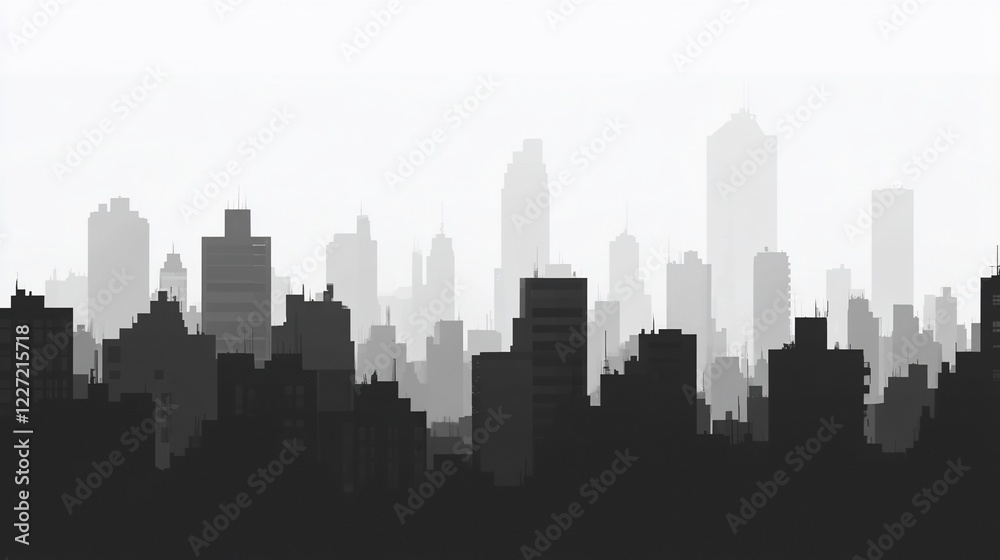 Naklejka premium Cityscape silhouette, hazy morning, urban skyline, background design
