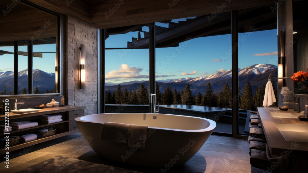 Fototapeta premium Luxurious bathroom with a mountain view at sunset featuring a freestanding tub and modern decor