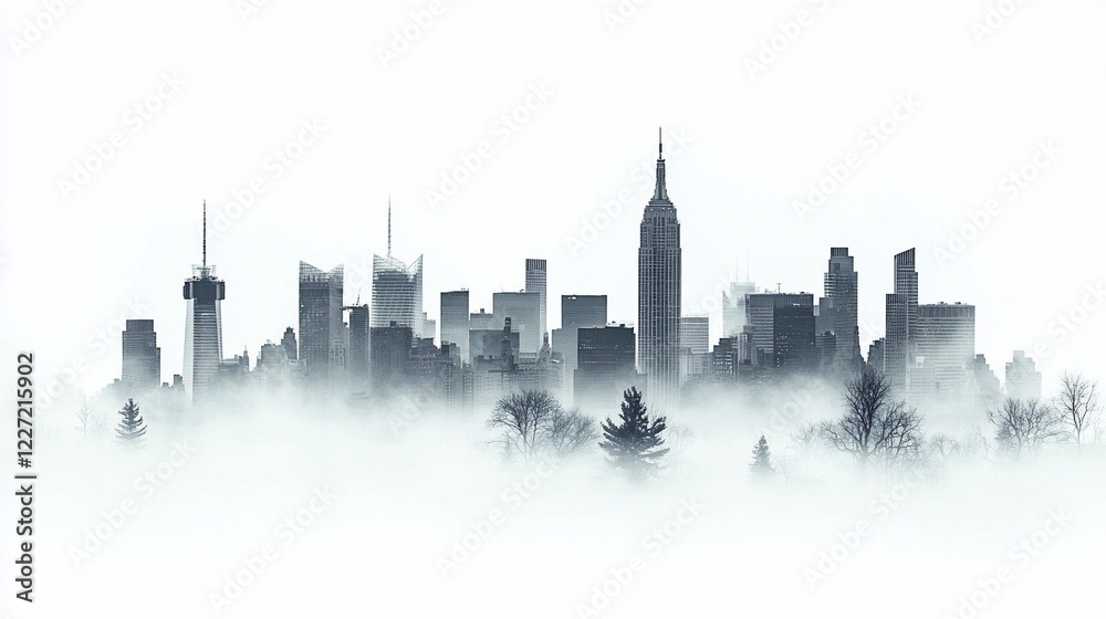 Naklejka premium Foggy NYC Skyline, winter cityscape, Manhattan panorama