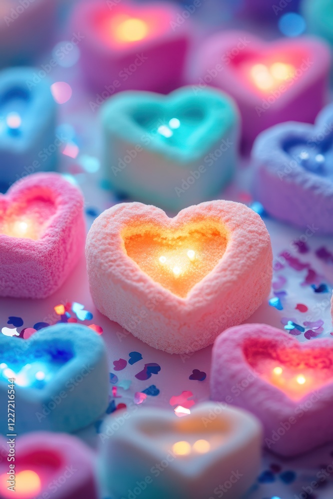 Glowing heart marshmallows, Valentine's Day, festive background, romantic dessert, perfect for cards Glowing heart marshmallows, Valentine's Day, festive background, romantic dessert, perfect for cards