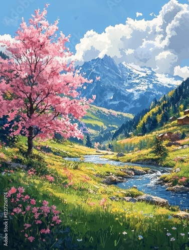 A watercolor landscape of spring featuring trees and a stream