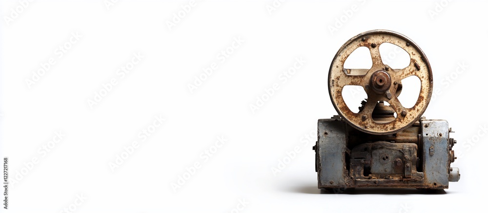 Obraz premium Rusty industrial wheel mechanism, white background, studio shot, for grunge design