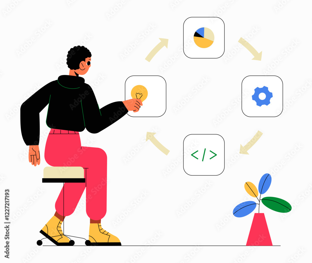 Fototapeta premium Male Character Engaging In Software Development Process In Flat Vector Illustration Symbolizing Programming, Workflow Optimization, And Digital Technology, Isolated On White Background