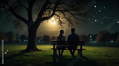 A couple sitting together at night. Romantic atmosphere under the moon. Seamless 4K looping timelapse video animation background