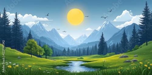 Cartoon landscape with green meadows, river and mountains