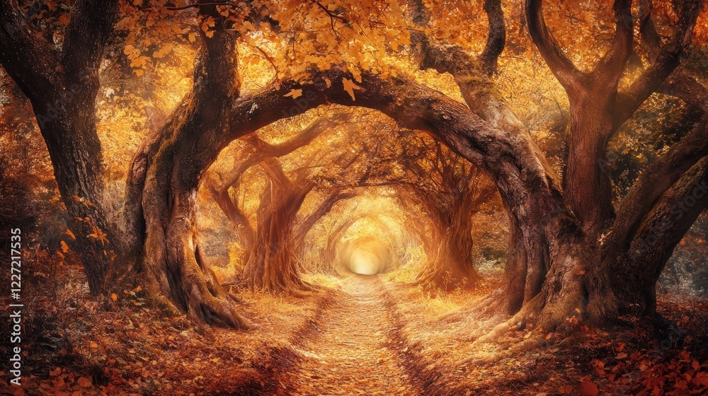 Autumnal Path Through Arching Trees In Golden Forest Autumnal Path Through Arching Trees In Golden Forest