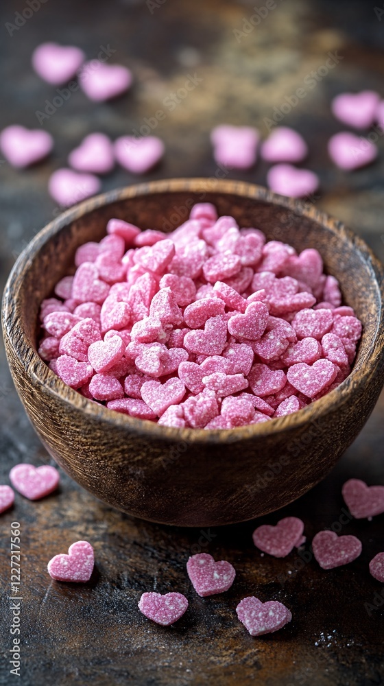 Pink heart-shaped sprinkles in a wooden bowl. Pink heart-shaped sprinkles in a wooden bowl.
