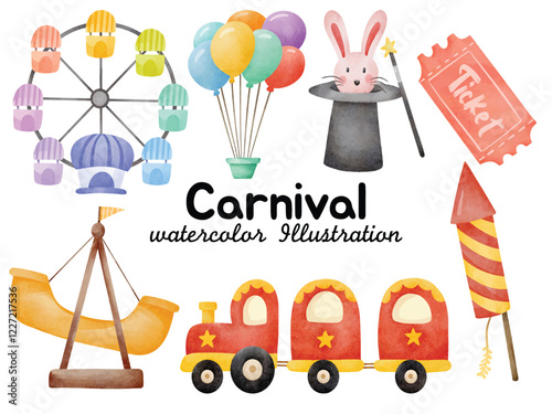 Watercolor Carnival Rides, Magic, and Fireworks Illustration