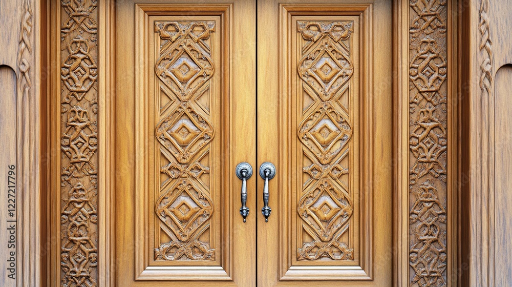 Fototapeta premium Ornate wooden double doors, carved detail, building exterior, daytime
