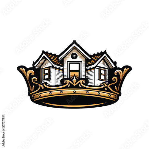 Design a logo a house nestled inside a crown icon, representing luxury real estate.  Style should be modern and minimalist.