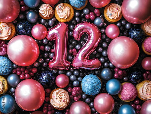 12th Birthday Celebration Concept with Balloons, Cake, and Number 12