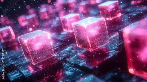 In a dark night, a 3D technology abstract neon light background with an empty space and spotlight creates a virtual reality and cyber futuristic sci-fi ambiance, set in a street floor studio for