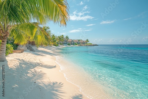 Amazing sunset panorama at Maldives, featuring luxury resort villas stretching into a seascape illuminated by soft LED lights beneath a colorful sky. The stunning twilight sky and vibrant clouds make