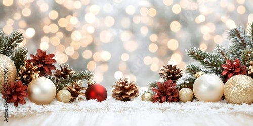 Christmas ornaments and pine branches arranged on snow with sparkling lights in the background.