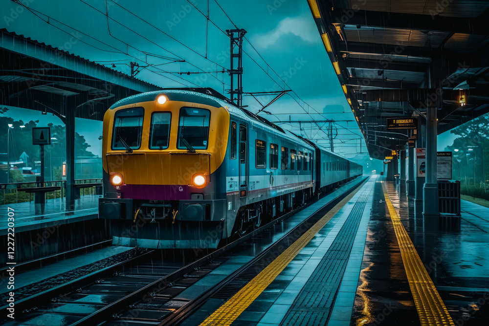 A train approaching a station on a rainy day, moving on rain-soaked tracks, with the platform on the right side of the image. A train approaching a station on a rainy day, moving on rain-soaked tracks, with the platform on the right side of the image.