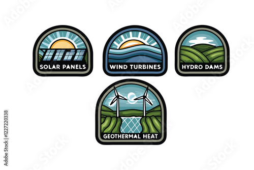 Design a set of clean, modern icons representing various renewable energy sources, focusing on solar power, wind power, hydroelectricity, and geothermal energy.