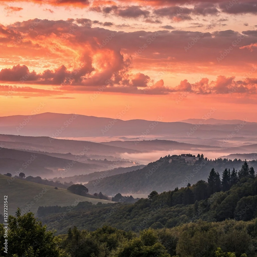 Obraz premium Breathtaking Sunset Over a Calm Mountain Lake