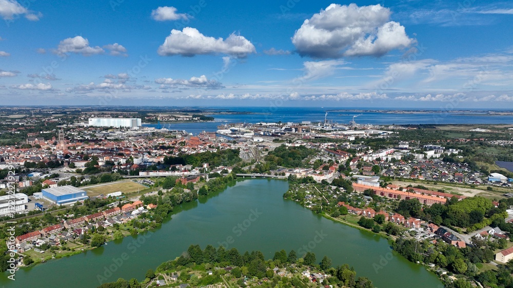 Fototapeta premium Hanseatic city of Wismar in Germany from the air in summer