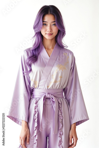 Portrait of a young beautiful woman in a lilac robe. Generative AI