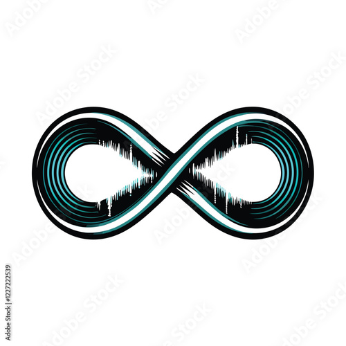 Create a vibrant digital art piece depicting two synchronized sound waves merging seamlessly to form an infinity symbol, radiating energy and cosmic vibes.