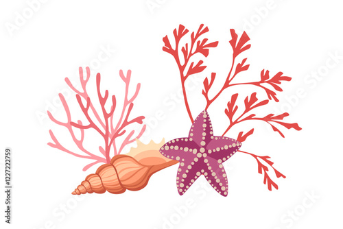 Colorful Marine Life An Illustration Featuring Coral, Shells, and Starfish in Nature Vector illustration on white background