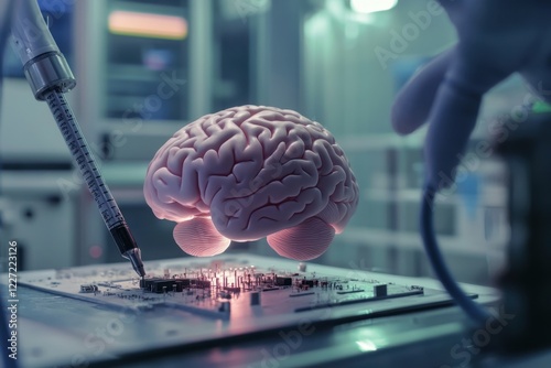 Futuristic brain chip implantation procedure in a high-tech lab showcasing technological innovation digital environment close-up view neuroenhancement concept photo