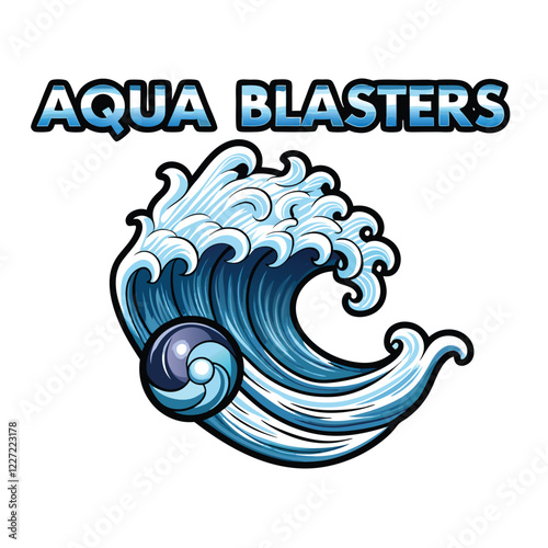 Design a vibrant aqua-themed illustration for "Text Aqua Blasters," featuring water-inspired elements, dynamic typography, and a playful, energetic style.  (1) indicates a series.