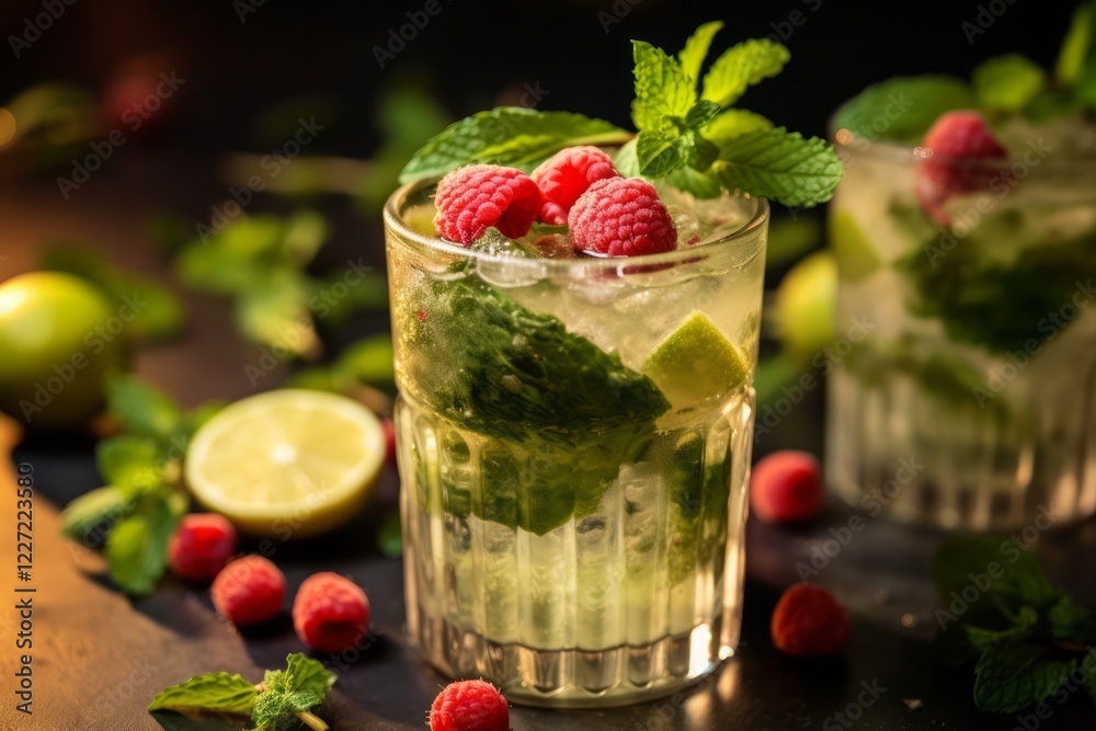 Glass of fresh mojito with mint, red berry and lime on table with fruits. Glass of fresh mojito with mint, red berry and lime on table with fruits.