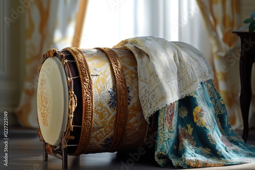 The bass drum is made of wood and features intricate, ornate designs with gold accents. It's a stunning conversation piece or unique decoration for music enthusiasts. photo