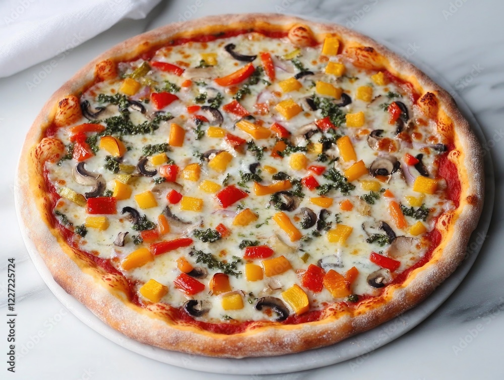 A fresh, homemade pizza topped with cheese, mushrooms, yellow peppers, sausage and herbs. Perfect for a casual meal at home. A fresh, homemade pizza topped with cheese, mushrooms, yellow peppers, sausage and herbs. Perfect for a casual meal at home.