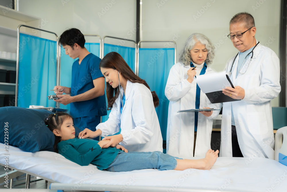 Obraz premium Dental team examines the oral health and provides advice on oral care for children.