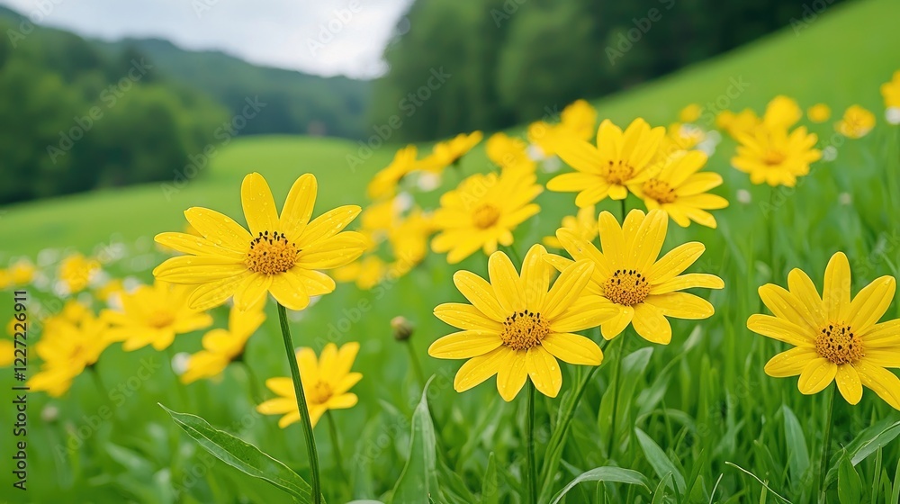 Fototapeta premium Yellow wildflowers bloom in a green meadow, hills in background; nature scene for calendar