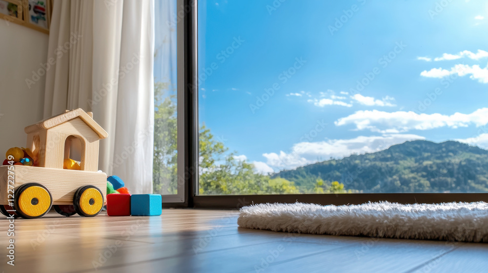 Fototapeta premium bright and cheerful room featuring wooden toy train, colorful blocks, and scenic view