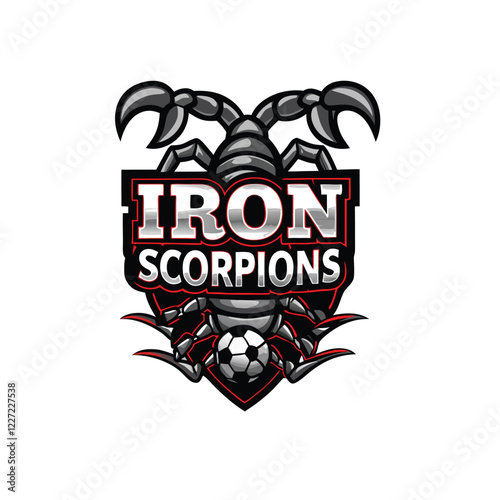 Design a fierce, metallic scorpion mascot, embodying "Text Iron Scorpions," with detailed exoskeleton and glowing eyes;  suitable for a gaming logo.