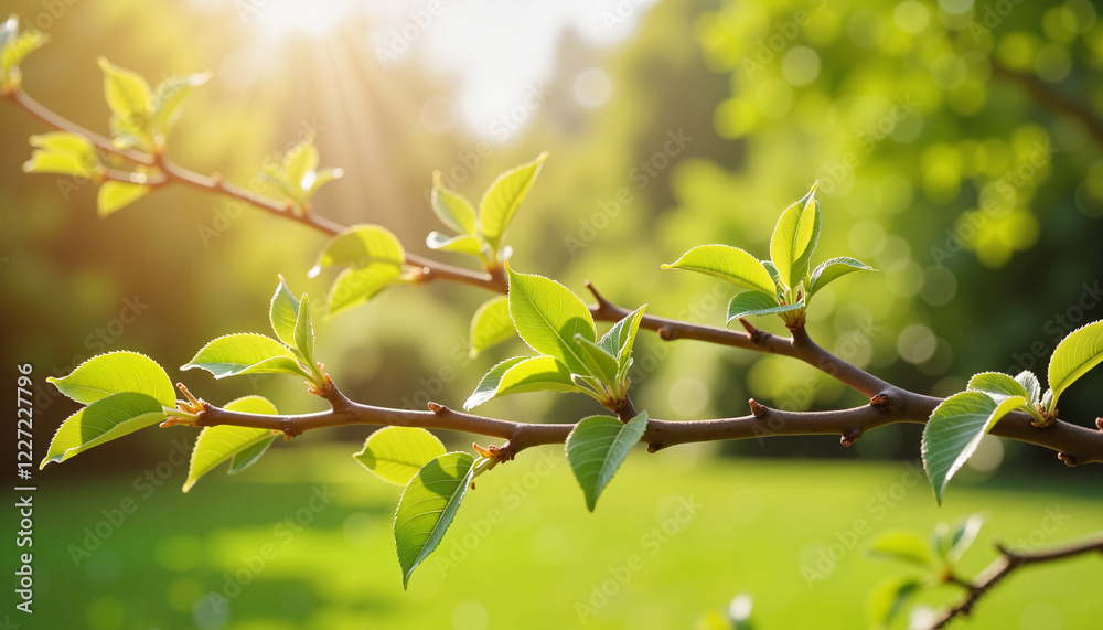 Obraz premium Delicate spring branches with fresh green leaves, peaceful garden scene