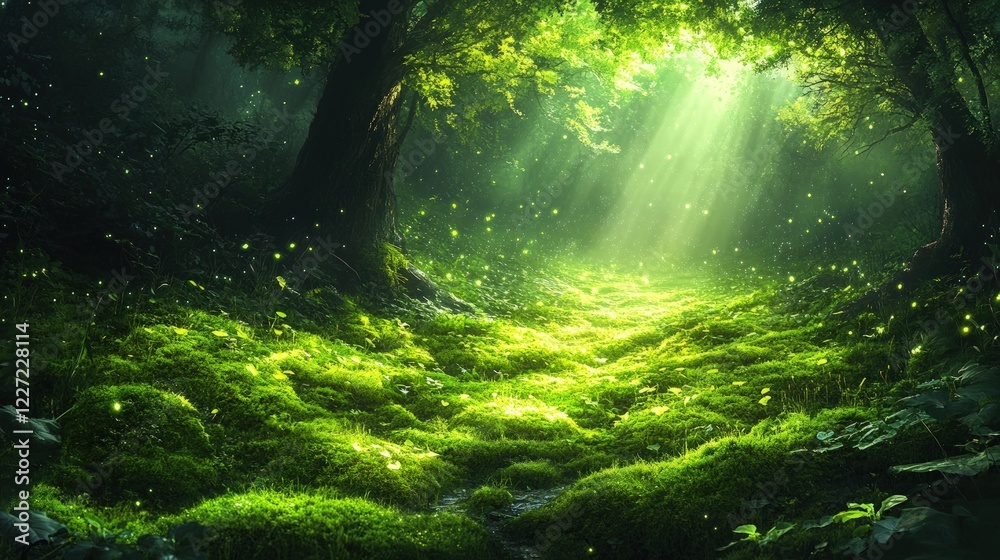 Fototapeta premium Enchanted Forest with Sunlight Streaming Through Trees and Illuminating Lush Green Underbrush