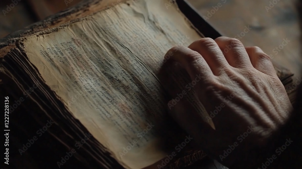 Obraz premium Close-up of an old book with aged and stained pages being held open by a hand