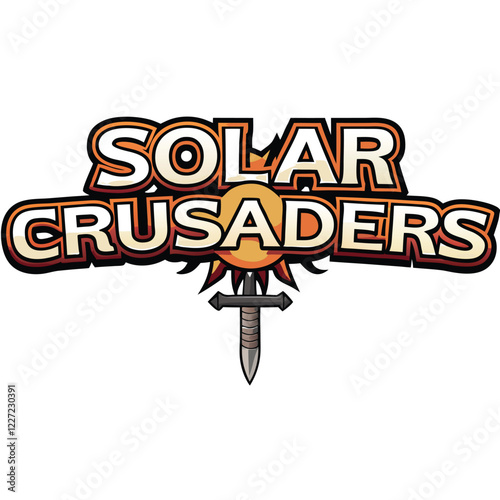 Design a bold, impactful logo for "Solar Crusaders," incorporating a prominent sun emblem.  The style should be modern and easily scalable.