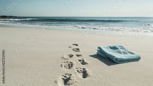 A blue towel is laying on the sand next to a set of footprints photo