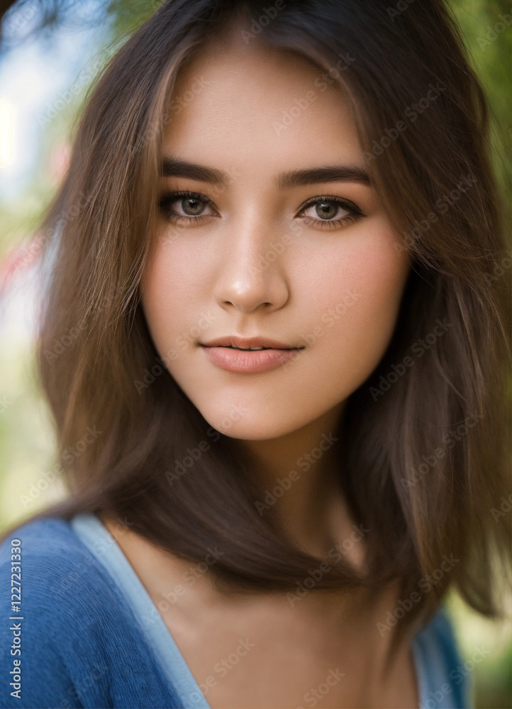 Portrait of a beautiful woman with dark hair, gray eyes, open floral Shirt, on the street Portrait of a beautiful woman with dark hair, gray eyes, open floral Shirt, on the street