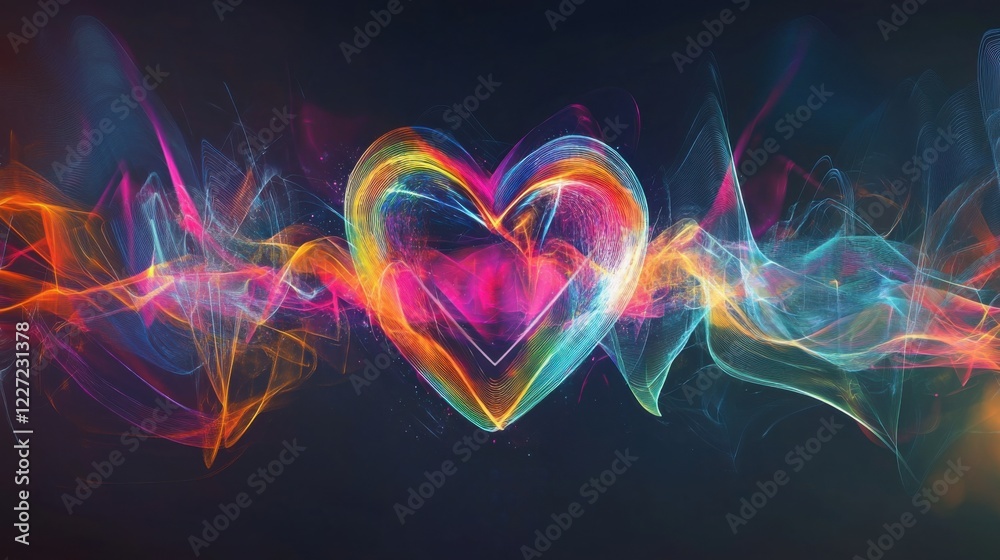 Obraz premium An abstract illustration of a heartbeat waveform transforming into a series of colorful geometric shapes against a dark background, Vibrant style, photo of