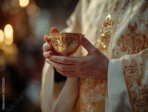 A man holding a gold bowl with a cross on it. The bowl is likely a religious object, and the man is likely a priest or a religious figure. Concept of reverence and respect for the object photo