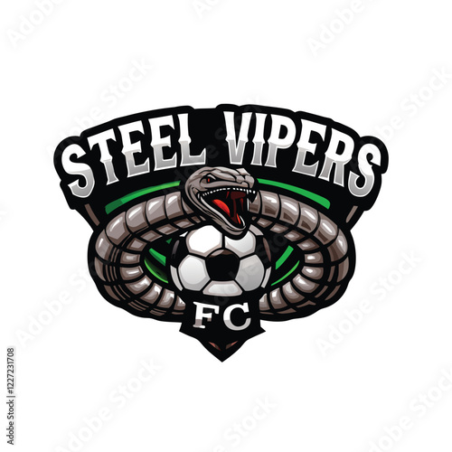 Design a logo for Text Steel Vipers FC, featuring a stylized coiled viper encircling a football.  Emphasize sleekness and power.