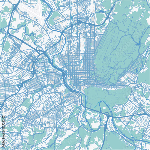 Map of Reading in Pennsylvania in a professional blue style. Contains layered vector with roads water, parks, etc.