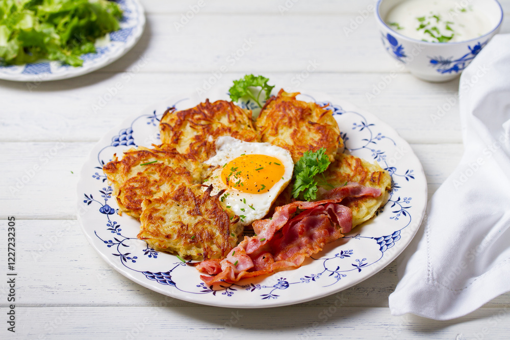 Hash browns with fried egg and bacon on white plate and white wooden background Hash browns with fried egg and bacon on white plate and white wooden background