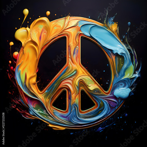 Digital artwork of a peace symbol in yellow, orange, blue, and red. Germany, version 2