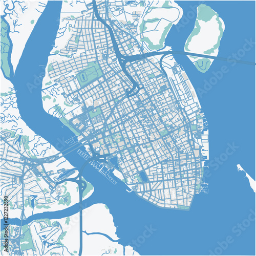 Map of Charleston in South Carolina in a professional blue style. Contains layered vector with roads water, parks, etc.