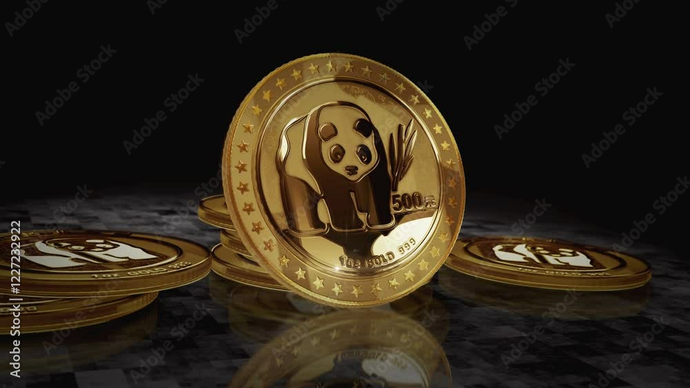 Panda chinese yuan golden coin turning. camera rotates around the 3D metal glow coins. Fintech, online payment and digital transaction abstract concept.