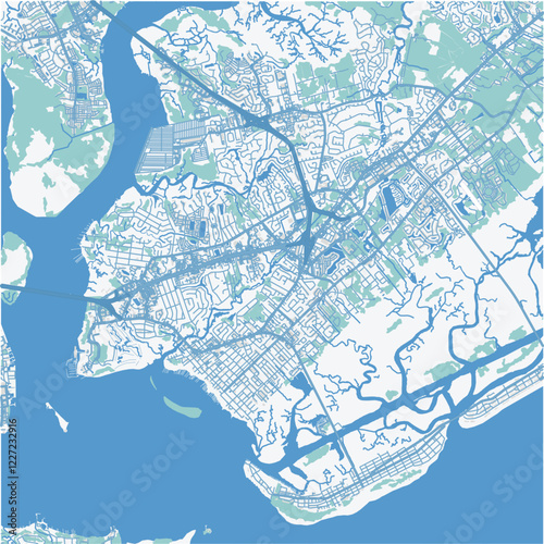 Map of Mount pleasant in South Carolina in a professional blue style. Contains layered vector with roads water, parks, etc.